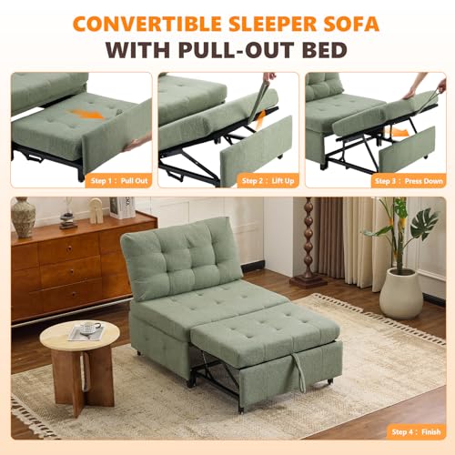 VINGLI Convertible Sofa Bed Tufted Teddy Fleece Sleeper Chair Bed Couch Armless Living Room Chairs with Adjustable Backrest Pull Out Couch Bed for Small Spaces - color: Light Green