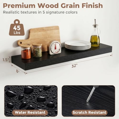 8 inch Deep Floating Shelves for Wall, 32" Wide, Black Finish, 2-Pack | Engineered Wood Wall Shelves with Invisible Brackets for Living Room, Bedroom, Bathroom, Office & Kitchen Storage - color: Black Finish, size: 32"W x 8"D, 2p