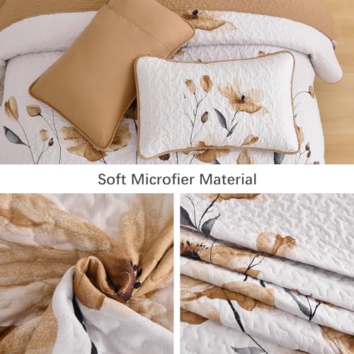 Mybedsoul Full/Queen Quilt Set Brown, 3 Pcs Fall Bedspreads & Coverlets Set | Summer Lightweight Farmhouse Botanical Bedding Set with 2 Shams, Reversible Polyester Coverlet Set for All Seasons, 96"x90" - color: Brown, size: Queen96"x90"
