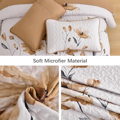 Mybedsoul Full/Queen Quilt Set Brown, 3 Pcs Fall Bedspreads & Coverlets Set | Summer Lightweight Farmhouse Botanical Bedding Set with 2 Shams, Reversible Polyester Coverlet Set for All Seasons, 96"x90" - color: Brown, size: Queen96"x90"