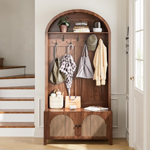 Mxtxmy Hall Tree with Bench and Shoe Storage 78.74" Coat Rack with 7 Hooks | Farmhouse Entryway Bench with Adjustable Shelf,4-in-1,Tall Hall Tree with Arch Storage Cubby Furniture Organizer for Hallway - size: 78.74"H