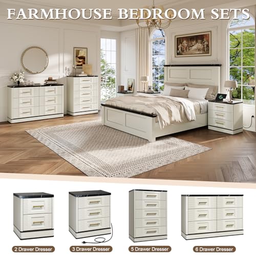 RECHHX Small Dresser for Bedroom, Farmhouse Marble-Effect Nightstand with 2 Drawer for Narrow Spaces, Thermoformed Curved End Table for Bedroom, Living Room, White