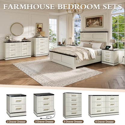 RECHHX Small Dresser for Bedroom, Farmhouse Marble-Effect Nightstand with 2 Drawer for Narrow Spaces, Thermoformed Curved End Table for Bedroom, Living Room, White