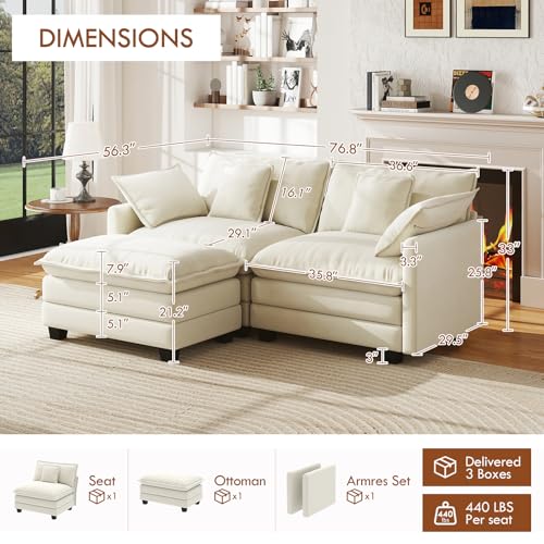 77" L Shape Cloud Sofa, Modular Sectional Couch with Ottoman, Comfy Chenille Deep Seat Loveseat with Pillow for Living Room Bedroom Apartment (Beige) - color: Beige, size: 77" L Sofa