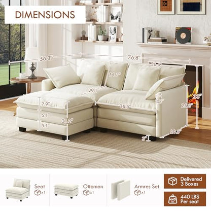 77" L Shape Cloud Sofa, Modular Sectional Couch with Ottoman, Comfy Chenille Deep Seat Loveseat with Pillow for Living Room Bedroom Apartment (Beige) - color: Beige, size: 77" L Sofa