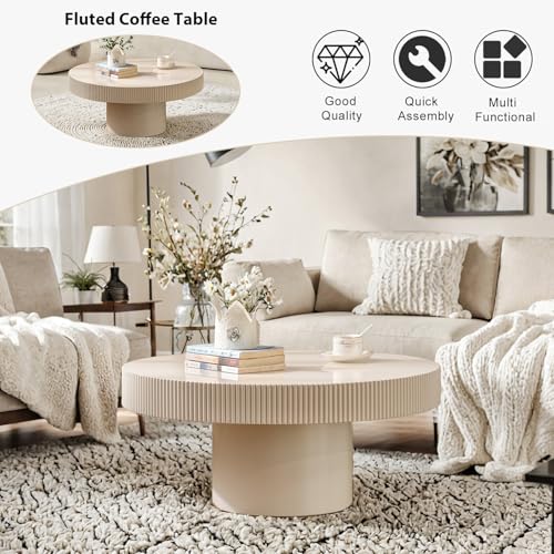 Round Fluted Coffee Table Handcrafted Relief Drum End Table | Mid Century Modern Drum Coffee Tables Rustic Industrials Wood Center Table for Apartment Living Room - color: White Round Thin