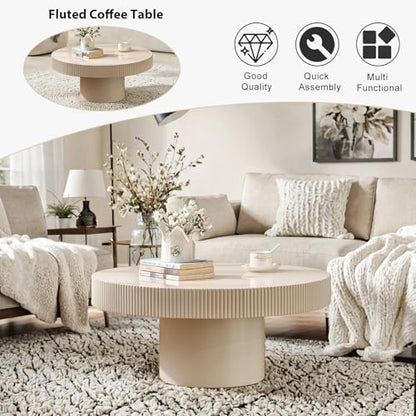 Round Fluted Coffee Table Handcrafted Relief Drum End Table | Mid Century Modern Drum Coffee Tables Rustic Industrials Wood Center Table for Apartment Living Room - color: White Round Thin