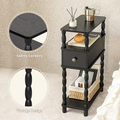 MaxSmeo Black Narrow Side Table, Narrow End Table with Storage, Skinny Small Nightstand with Drawer for Bedroom, Living Room, Small Spaces (Black) - color: Black