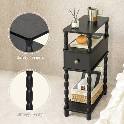 MaxSmeo Black Narrow Side Table, Narrow End Table with Storage, Skinny Small Nightstand with Drawer for Bedroom, Living Room, Small Spaces (Black) - color: Black