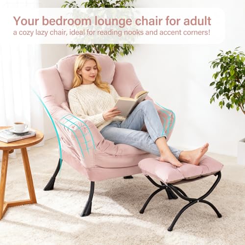 Lazy Chair with Ottoman, Velvet Reading Chair with Pillow，Pink | Comfy Accent Lounge Chair with Pillow & folding Foot Stool, sturdy metal frame for bedroom, dorm or apartment, Living Room - color: Pure Pink