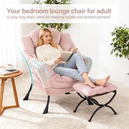 Lazy Chair with Ottoman, Velvet Reading Chair with Pillow，Pink | Comfy Accent Lounge Chair with Pillow & folding Foot Stool, sturdy metal frame for bedroom, dorm or apartment, Living Room - color: Pure Pink