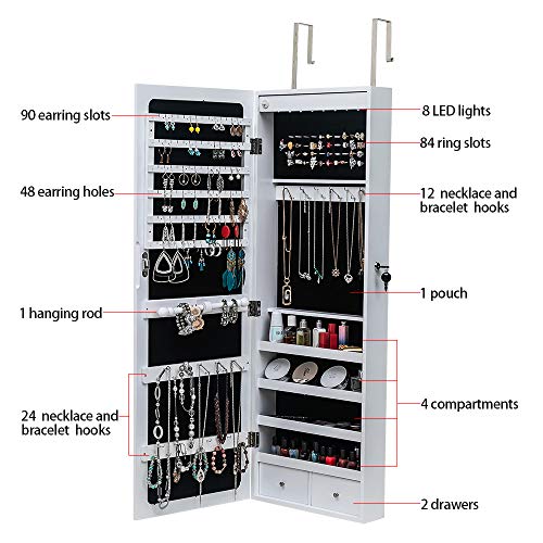 42.5" Wood Jewelry Mirror Cabinet,Wall or Door Mounted Jewelry Storage Cabinet,Space-Saving Large Jewelry Armoire Organizer,with Lock & LED Lights,for Living Room, Bedroom, Cloakroom (White) - size: 37x10x108cm