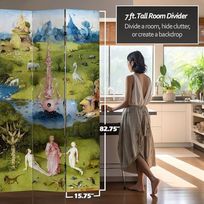 Red Lantern 7 ft. Tall Double Sided Garden of Delights Canvas Room Divider 3 Panel Freestanding Folding Privacy Screen, Partition and Separator for Modern and Contemporary Bedroom, Home Office, Studio - color: Garden of Delights
