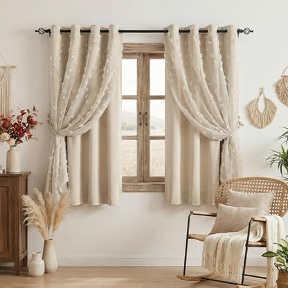 MYSKY HOME Double Layer Curtains for Girls Bedroom Kids Curtain Beige Pom Pom Sheer Window Curtains 2 Panels Beige Curtains Grommet Room Darkening Solid Nursery Curtains 63 Inches Length, W52 X L63 - color: Z-beige, size: 52"W x 63"L (Pack of 2)