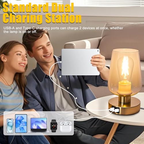 Touch Bedside Table Lamp with Glass Shade, Gold Modern Small Lamp for Bedroom Living Room Nightstand, 3 Way Dimmable Desk Lamp with USB C+A+AC Outlet Charging Ports, 800LM LED Bulb Included - color: Gold