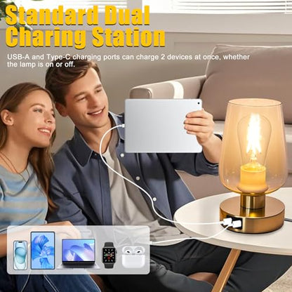Touch Bedside Table Lamp with Glass Shade, Gold Modern Small Lamp for Bedroom Living Room Nightstand, 3 Way Dimmable Desk Lamp with USB C+A+AC Outlet Charging Ports, 800LM LED Bulb Included - color: Gold