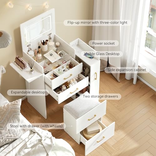 Herture 3 in 1 Vanity Desk with Flip Top Mirror, Comapct Vanity | Small Vanity with Lights,Outlets,Side Cabinet,Collapsible Desk Panel,Storage Hidden Stool,Makeup Vanity Table White PT01DTW - color: White