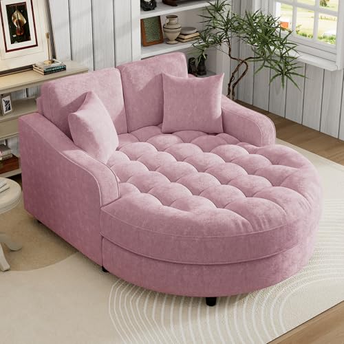 55" Modern 2-Seater Chaise Lounge Sofa Bed - Chenille Upholstered Loveseat Couch with Tufted Seat & Detachable Pillows, Space-Saving Sleeper Sofa (Pink) - color: Pink