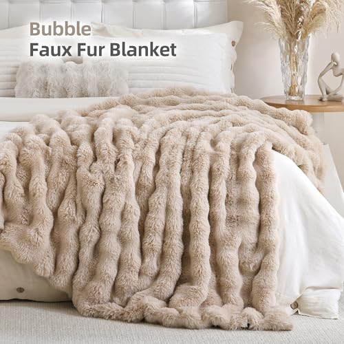 Faux Rabbit Fur Throw for Couch - Linen Bubble Blanket 60"x80" | Fluffy Plush Fuzzy Throw for Sofa & Bed, Super Soft Cozy Comfrt Blanket, Luxury Aesthetic Linen Decor Gift for Women - color: Linen, size: Twin(60" x 80")