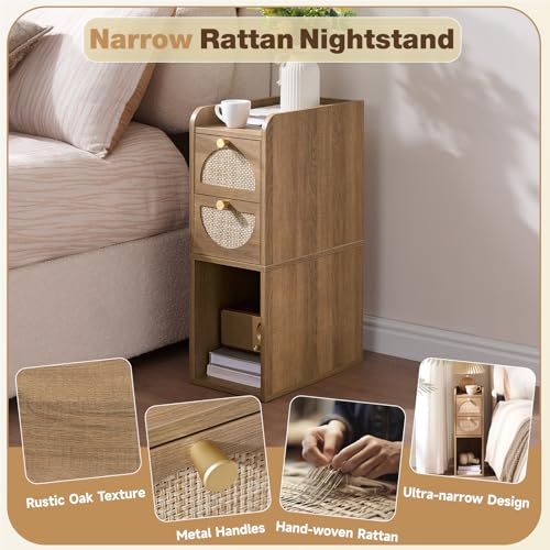 Narrow Nightstand (Rattan & Wood) - Small Bedside Table with 2 Drawers, Open Shelf, Mid Century Modern End Table - for Bedroom, Living Room & Small Spaces, Rustic Oak Rattan - color: Rustic Oak Rattan, size: 7.9"W (1 Pc)