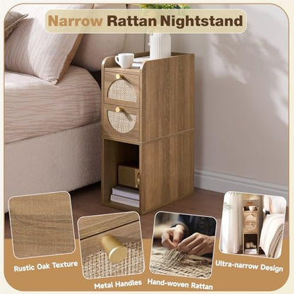 Narrow Nightstand (Rattan & Wood) - Small Bedside Table with 2 Drawers, Open Shelf, Mid Century Modern End Table - for Bedroom, Living Room & Small Spaces, Rustic Oak Rattan - color: Rustic Oak Rattan, size: 7.9"W (1 Pc)