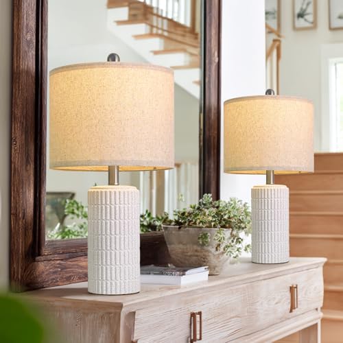 PoKat 20.75" Stone-Like Farmhouse Ceramic Table Lamps Set of 2 for Bedroom, White Bedside Lamps for Night Stands, Matte-Textured Decor Nightstand Table Lamps for Living Room End Table White - color: Frosted White