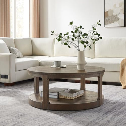 40" Round Coffee Table with Wheels, Circle 2 Tier Solid Wood Center Coffee Table, Mid Century Retro Farmhouse Rounded End Table for Living Room Apartment, ø40 x 17.52" H (Dark Brown) - color: D-40" Brown