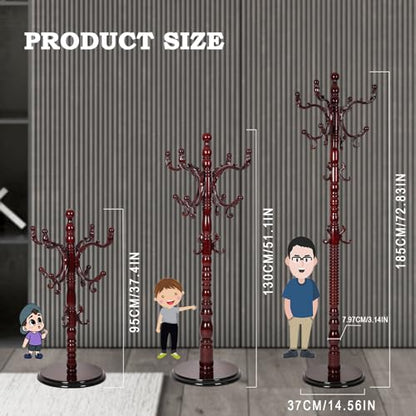 Coat Racks Free Standing with 14 Hooks, Natural Wood Coat Rack with Solid Round Base, Adjustable Height Coat Racks, Easy Assembly for Hallway, Bedroom and Office (Reddish brown) - color: Reddish brown