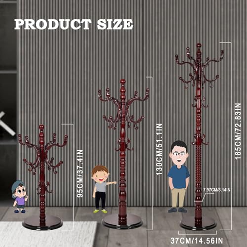 Coat Racks Free Standing with 14 Hooks, Natural Wood Coat Rack with Solid Round Base, Adjustable Height Coat Racks, Easy Assembly for Hallway, Bedroom and Office (Reddish brown) - color: Reddish brown