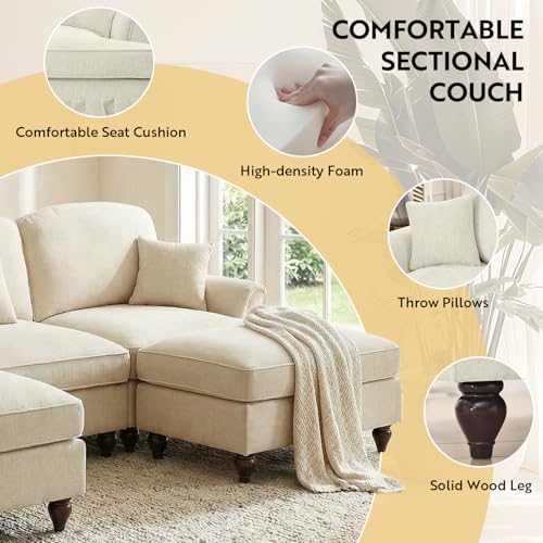 Modular Sectional Sofa Couch, Comfy Chenille Sofa with Removable Ruffled Skirt, Flared Armrests, Sturdy Legs, Convertible Sectional for Living Room, Bedroom, Apartment (Beige) - color: Beige, size: 107.1 Inch U