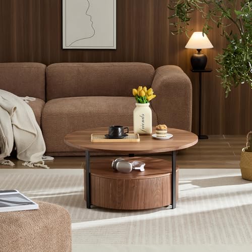 33 Inch Round Wood Coffee Table with Storage, Fluted Coffee Tables with 2 Tiers, Mid-Century Modern Center Table with a Single Drawer for Living Room - color: 33.07" 2 Tier-walnut