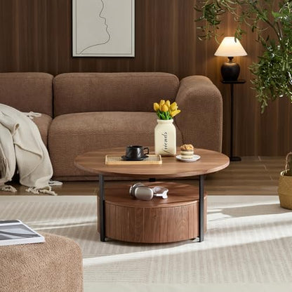 33 Inch Round Wood Coffee Table with Storage, Fluted Coffee Tables with 2 Tiers, Mid-Century Modern Center Table with a Single Drawer for Living Room - color: 33.07" 2 Tier-walnut