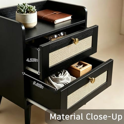 Rattan Nightstands Set of 2, Boho Bedside Table with 2 Drawers | Nightstands Set of 2 with Charging Station, Open Storage End Tables for Bedroom, Small Spaces and Dorm, Solid Wood Legs,Black - color: Black