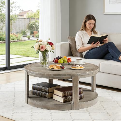 40" Round Wood Coffee Table, 2 Tier Modern Center Table with Roller Wheels,Solid Wood+MDF, Easy Assembly, Accent Table for Living Room, Apartment, Small Space. (Light Brown) - color: Light Brown