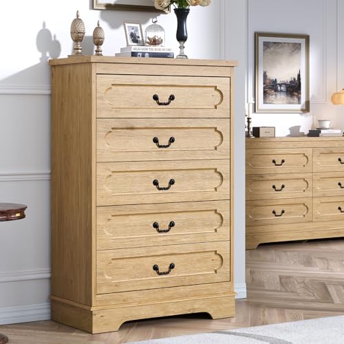 5 Drawer Dresser for Bedroom Natural Bedroom Dresser 46" Tall Wood Cabinet | Farmhouse Wooden Chest of Drawers, Rustic Wide Drawers Dressers, Hallway, Living Room - color: Natural, size: 15.7"D x 31.5"W x 46.4"H (5 Drawers)