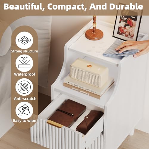 Narrow Nightstand Set of 2,11.8" Fluted Bedside Table Set of 2, Slim Side End Table with 2 Drawers, Wooden Bedside Table, White Wood Night Stand for Bedroom Livingroom Sofa Office - color: White,11.8" With 2 Drawers