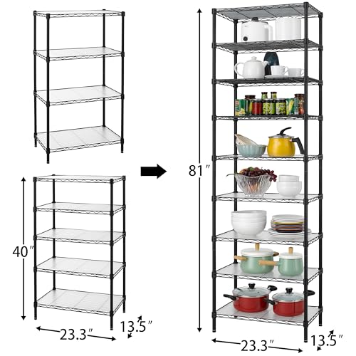 Finnhomy 9-Tier Wire Shelving Unit Adjustable Steel Wire Rack Shelving, 81 Inches Height 9 Shelves Metal Storage Rack, Pantry Shelves for Storage with PE mat, NSF Certified, Black - color: Black, size: 81 Inches