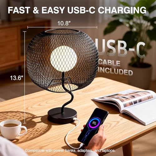 Cordless Industrial Table Lamp, Touch Dimmable Bedside Lamp with Black Metal Mesh Shade, USB-C Rechargeable Warm Ambient Light for Bedroom, Living Room, Dining Table, Side Table
