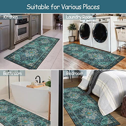 Moynesa Ultra-Thin Washable Teal Non Slip Bathroom Rug - 2x6 Laundry Room Mat, Machine Washable Non-Slip Pet Friendly Carpet Runner for Camper RV Foyer Kitchen Hallway - color: Teal, size: 2' x 6'