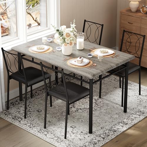 IDEALHOUSE Space-Saving 5-Piece Dining Table Set for 4 – Farmhouse Style | Wood Table with Upholstered Chairs – Perfect for Small Apartments or Breakfast Nooks – Grey - color: Grey, size: 5-Piece