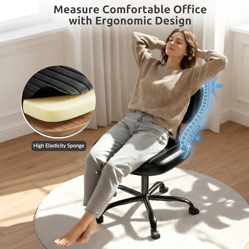 Swivel Rolling Office Chair, Armless Pu Leather Vanity Chair with Back Lumbar Support Height Adjustable Computer Chair, Small Desk Chair for Home Office, Black - color: Black