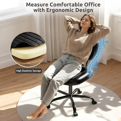 Swivel Rolling Office Chair, Armless Pu Leather Vanity Chair with Back Lumbar Support Height Adjustable Computer Chair, Small Desk Chair for Home Office, Black - color: Black