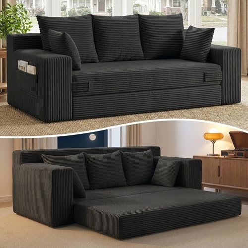 Boneless Couches 70 inch: 3-in-1 Convertible Sofa Bed Futon Couch Bed, Oversized Loveseat Sleeper Sofa with 5 Pillows, Black Small Couch for Living Room, Bedroom & Small Space - color: Black, size: 70 Inch