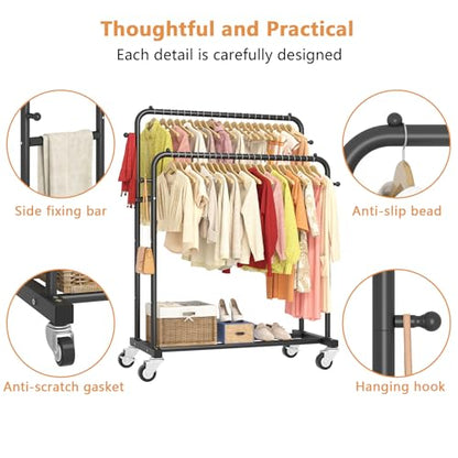 Laiensia Double Rods Garment Rack with Wheels, Clothing Rack for Hanging Clothes,4 Hooks, Multi-functional Bedroom Clothes Rack, Black - color: Black