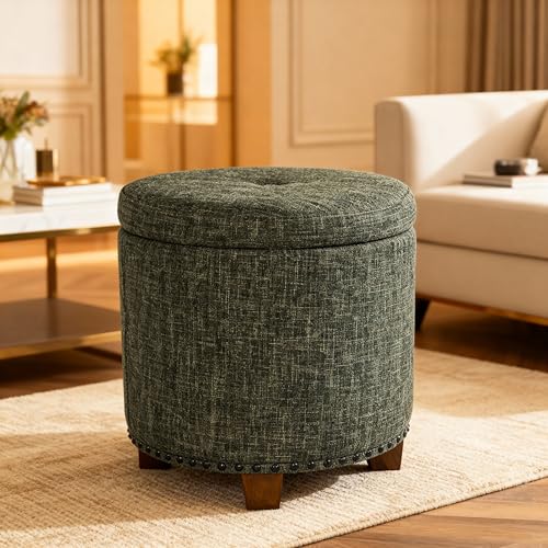 HomePop 18.5" Round Storage Ottoman with Nailheads - Green Clover Fabric - color: Green Clover Fabric