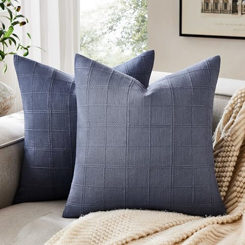 Linen Checked Throw Pillow Covers Set of 2, 18x18 Inch Allover Grid Blue, Farmhouse Decorative Double Sided Grid Embroidered Couch Pillow Cases Blue Cotton Linen Cushion Covers - color: Allover Grid Blue, size: 18" x 18" (Pack of 2)