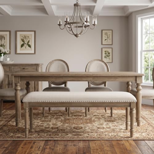 46'' French Country Entryway Bench Wooden Linen Fabric Upholstered Seat Dinng Bench with Nailhead Trim for Hallway End of Bed, Beige - color: Linen, Beige, Nailhead Trim