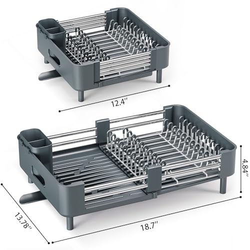 Urackify Extendable Stainless Dish Drying Rack for Kitchen Counter | 13.78"W x 18.7"L, Foldable Drainboard for Space Saving, Knife and Utensil Holder, Fast-draining Spout, Dark Slate Teal - color: Dark Slate Teal