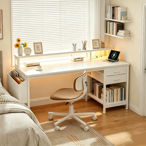 DurayLoly 48" Computer Desk with 2 Drawers and Power Outlets for Teens | 32.8ft Full-Color LED Strip Lights,Wireless Remote,20Dynamic&20 Lighting Modes, 36"Spacious Seat Width, 48"Long Monitor Stand - color: White, size: 48"W*20"D*35.5"H