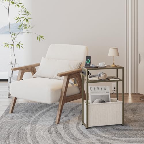Leomonio Green Side Table with Charging Station, Slim End Tables with Linen Basket, Skinny Table for Small Spaces, Thin Bedside Table for Living Room, Bedroom - color: Forest Green + Camel Brown - Outlet